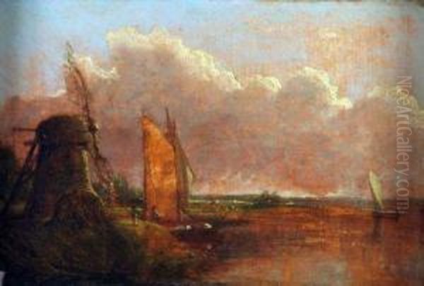 River Scene With Barge By A Windmill Oil Painting by Anthony Sandys