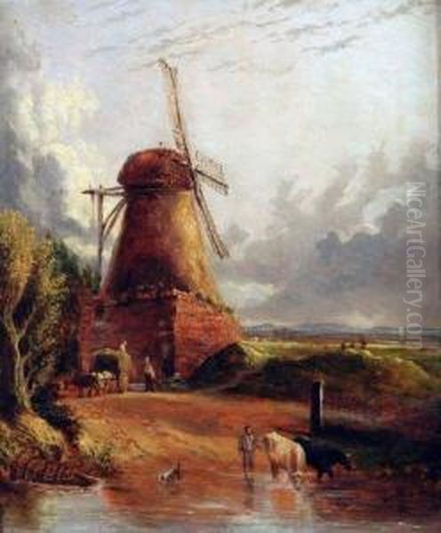 Figures, Horse And Cart, Cattle By A Mill Oil Painting by Anthony Sandys