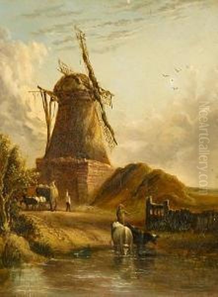 Landscape With Haycart, Cattle And Figuresbefore A Windmill Oil Painting by Anthony Sandys