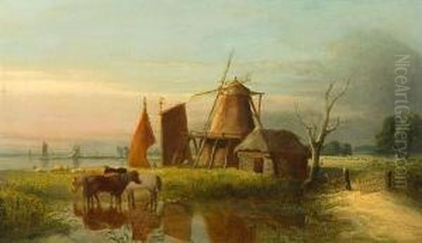 Windmill On The Marshes Oil Painting by Anthony Sandys