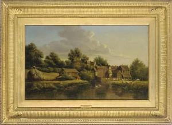 The Watermill; And Anglers On A Tranquil River Oil Painting by Anthony Sandys