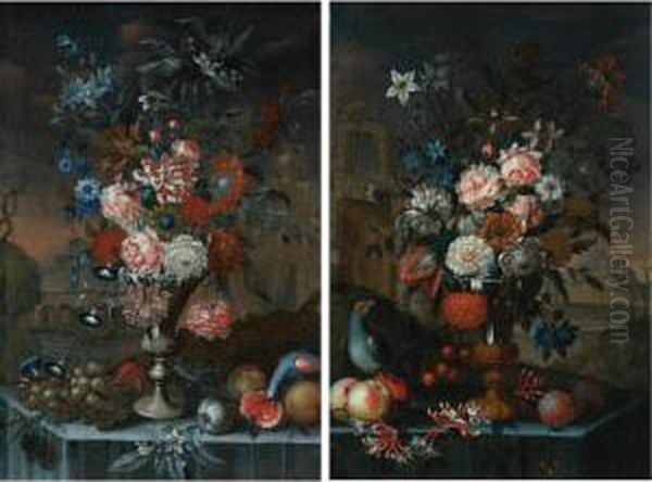 Active In The Beginning Of The 18th Century
 Still Life Of Flowers In A Silver Urn, With Grapes, Other Fruit And A Parrot, All Resting On A Table With A Landscape Beyond; Still Life Of Flowers In A Silver And Gilt Urn With Cherries, Other Fruit And A Parr Oil Painting by Alessandro Sangiovanni