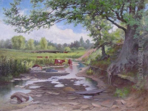 The Riverbank Oil Painting by Amos W. Sangster