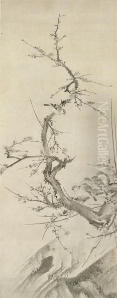 Sparrows On Plum Branch Oil Painting by Kano Sanraku