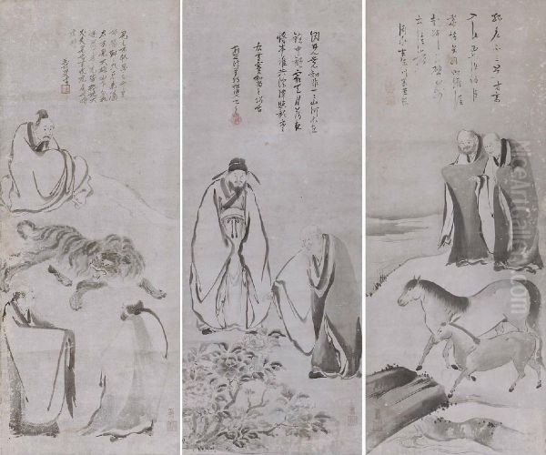 Horses And Zen Monks; Tiger And Lohans; Peony And Zen Monks Oil Painting by Kano Sanraku