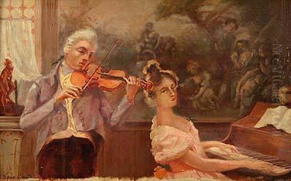 Duo De Violin Y Piano. Oil Painting by Francesc Sans Castano