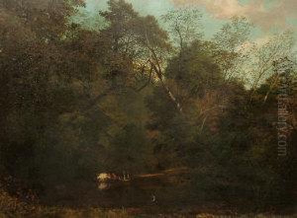 Cattle Watering In A Woodland Pond Oil Painting by George Sant