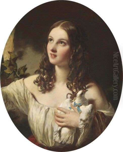 Portrait Of A Young Girl, Half-length, In A White Muslin Dress With A Red Sash, Holding A Dove Oil Painting by James Sant