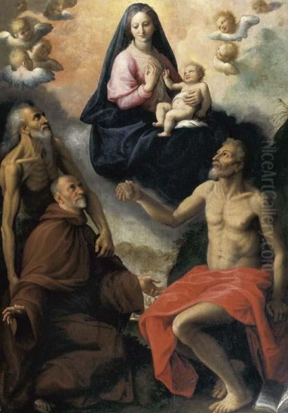 Madonna Con I Santi Onofrio, Girolamo E Un Devoto Oil Painting by Fabrizio Santafede