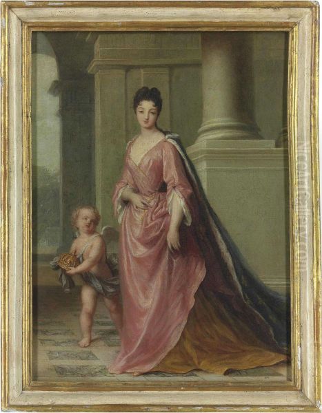 Portrait Of Marie Adelaide, Princesse De Savoie, Duchesse De Bourgogne, Subsequently Dauphine De France And Mother Of The Future King Louis Xv, Full-length, On A Terrace, With A Cupid At Her Side Carrying A Crown Oil Painting by Jean-Baptiste Santerre