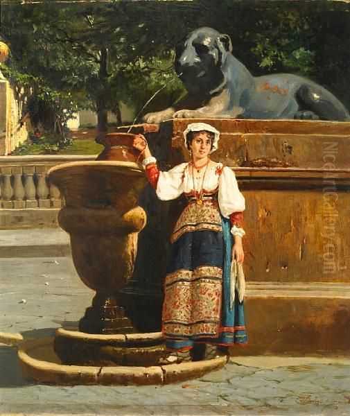 A Peasant Girl Standing At A Fountain Oil Painting by Francesco Raffaello Santoro