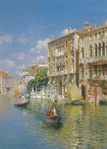 Gondoliers In Front Of The Palazzo Cavalli-franchetti, Venice Oil Painting by Rubens Santoro