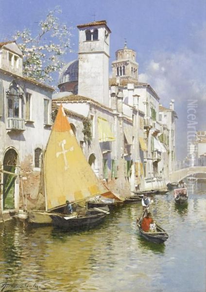 Gondolas On A Venetian Canal Oil Painting by Rubens Santoro