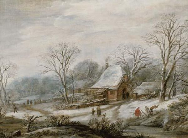 A Winter Landscape With Figures By A Cottage by Pieter Dircksz. Santvoort