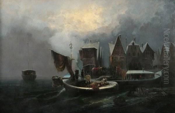 Fishing Vessels At Night Oil Painting by Rinaldo Saporiti