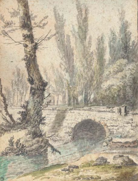 A Landscape With An Arched Bridge Spanning A Stream Oil Painting by Jean-Philippe Sarazin