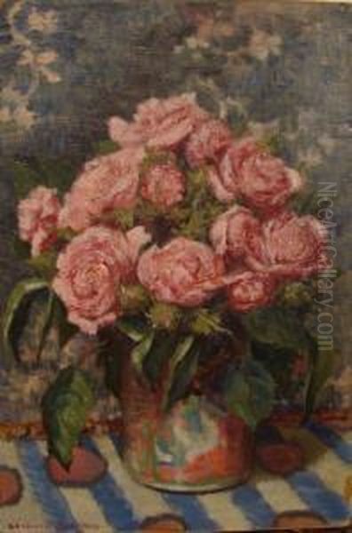 A Still Life Of Pink Roses In A Vase On A Table Oil Painting by Regnault Sarazin