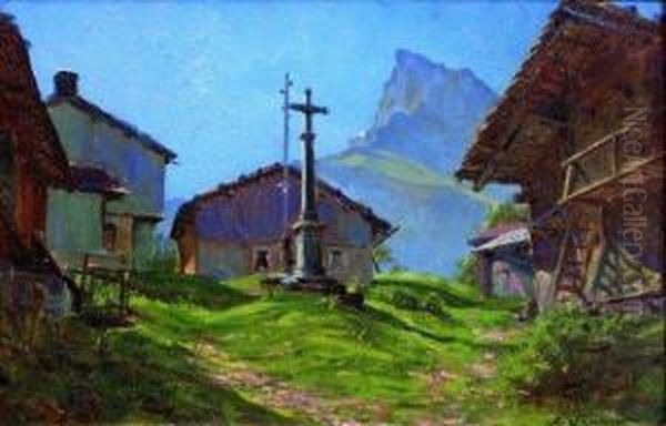 Le Calvaire A Maison Neuve-sixt (hte Savoie). La Pointe A Sables Oil Painting by Albert E. Sardin