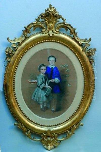 Portrait En Pied De 2 Enfants. Oil Painting by Honore Charles Sardou