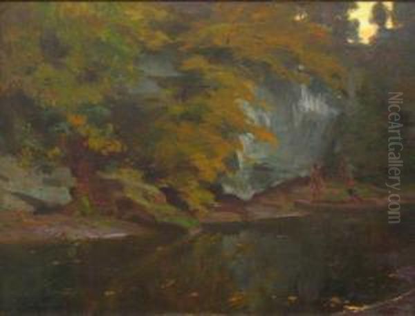 Depicting Three American Indians Along A River Bank Oil Painting by Paul Turner Sargent