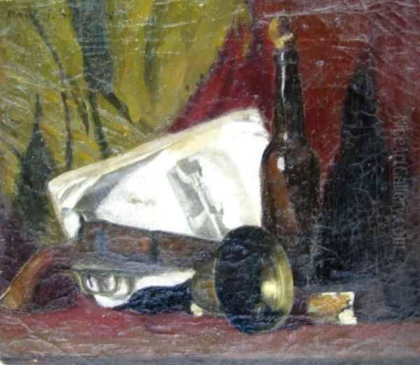 Still Life Depicting School Bell, Book, Gun, Bottles Oil Painting by Paul Turner Sargent