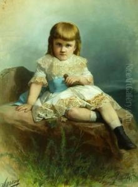 Little Girl With Blue Sash And Bird In Hand Oil Painting by Napoleon Sarony