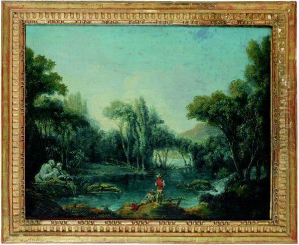 River Landscape With Figures Oil Painting by Jean Baptiste Sarrazin