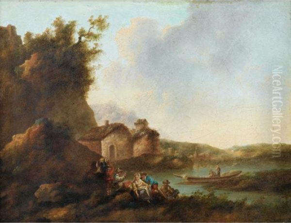 Paysages De Riviere Avec Des Embarcations Oil Painting by Jean Baptiste Sarrazin