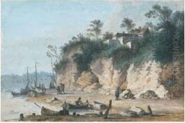 Village De Pecheurs Au Bord D'un Fleuve Oil Painting by Jean Baptiste Sarrazin