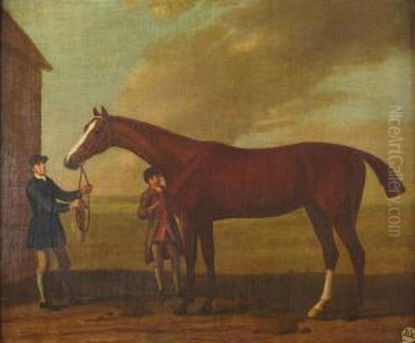 Study Of A Chestnut Racehorse With Groom And Jockey Oil Painting by J. Francis Sartorius