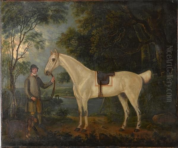 A Grey Hunter With Groom And Spaniel In A Landscape Oil Painting by J. Francis Sartorius