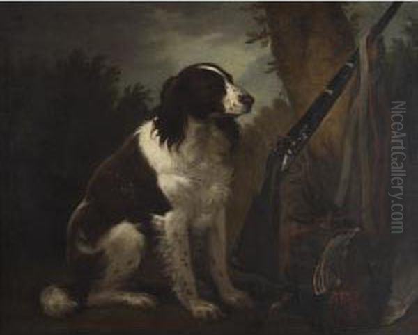 A Springer Spaniel And His Trophy In A Wood Oil Painting by John Nost Sartorius