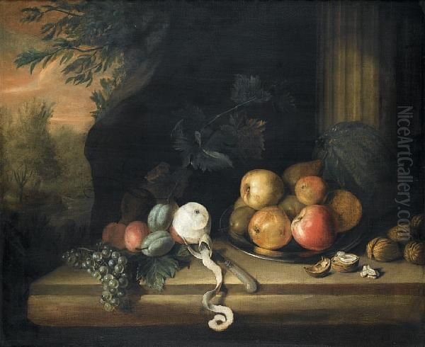 Apples, A Melon, Grapes, A Peeled Lemon Andwalnuts On A Stone Table Top, Before A Column, An Open Landscape Beyond by William Sartorius