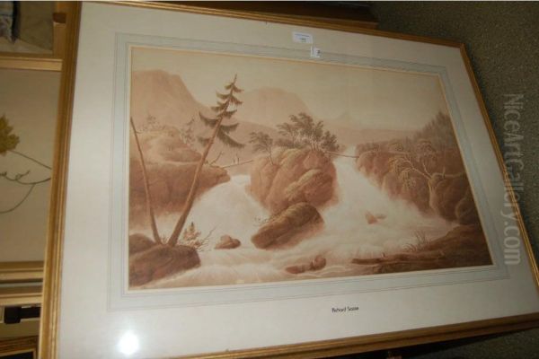 Colonial Waterfall With Pines And Log
Cabin Oil Painting by Richard Sasse