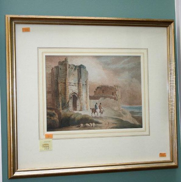 Figures, Horses And Sheep By A Castle Ruin Oil Painting by Richard Sasse