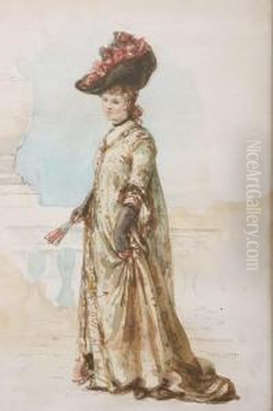 Portrait Of A Young Womanin A Flowered Hat, Watercolor, Signed L/r Oil Painting by Walter Satterlee