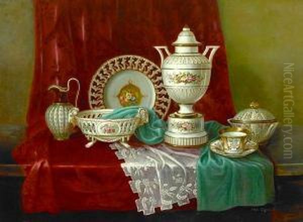 A Still Life With French Porcelain On A Table Oil Painting by Anna Sattler