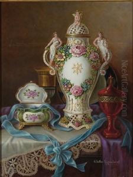 Still Life With Ornate Porcelain Urn Oil Painting by Anna Sattler