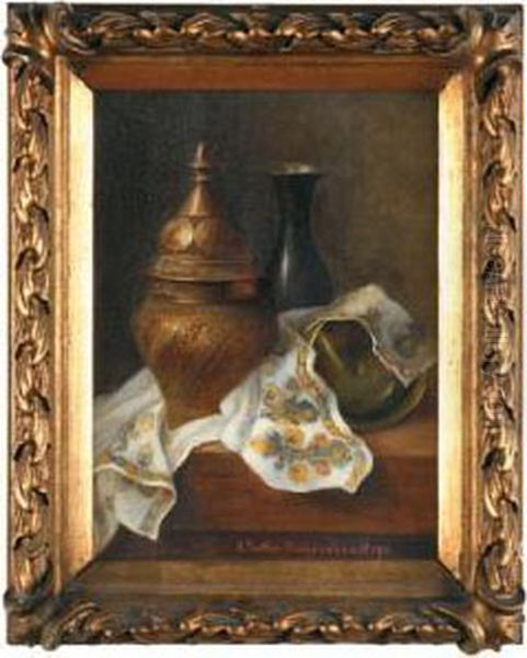 Stilleben Mit Metallvase Und Deckelvase Oil Painting by Anna Sattler