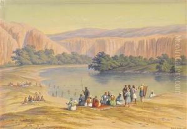 A Bathing Scene With Orientals At An Inland Lake Oil Painting by Hubert Sattler