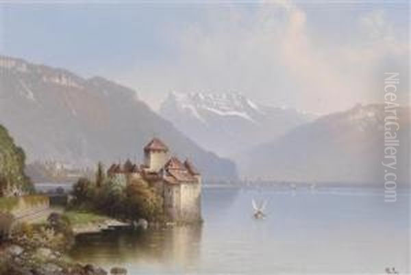 View Ofschloss Chillon On Lake Geneva Oil Painting by Hubert Sattler