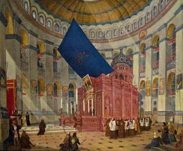 Blick In Das Innere Der Grabeskirche In Jerusalem Oil Painting by Hubert Sattler