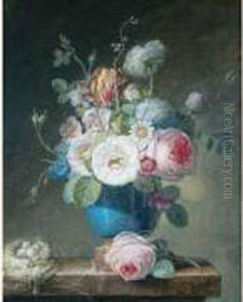 Vase De Fleurs Avec Un Nid Poses Sur Un Entablement. Oil Painting by Jean-Louis Sauce