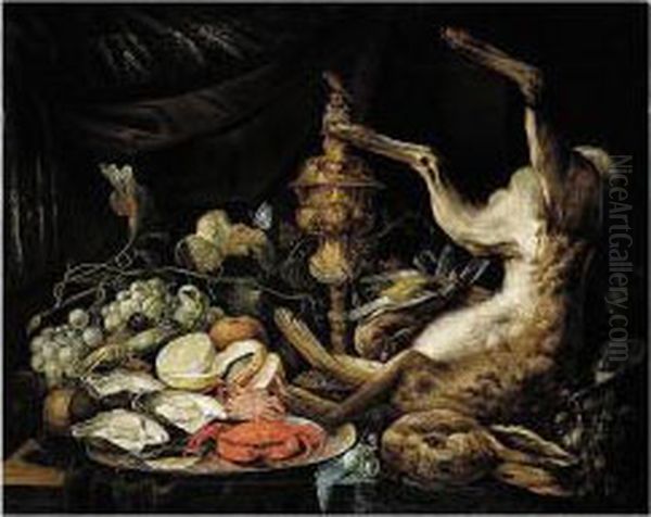 Still Life With A Hare, A Gold Finch, A Gold Chalice, Some Grapes, A Lemon And A Plate Of Shell Fish, On A Table Oil Painting by Philipp Sauerland