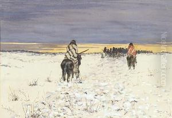 Indians On Horseback In The Snow Oil Painting by Frank Paul Sauerwein