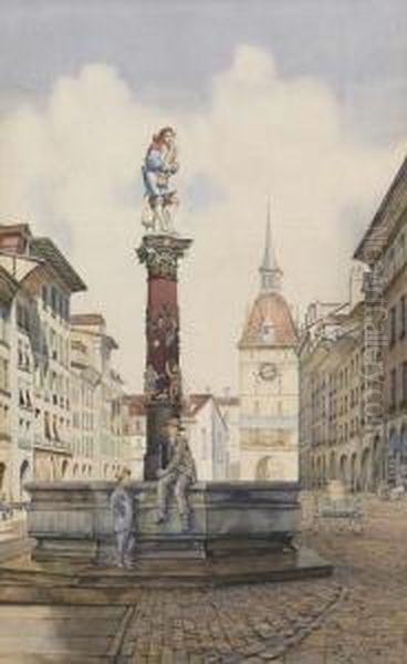 Pfeiferbrunnen In Der Spitalgasse Mit Kafigturm. Oil Painting by Louis Saugy