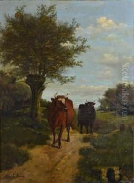 Vaches Au Chemin Oil Painting by L. Saunage