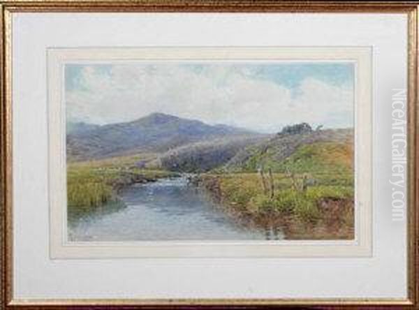 A River Landscape With Sheep Grazing In The Middle Distance Oil Painting by Charles L. Saunders