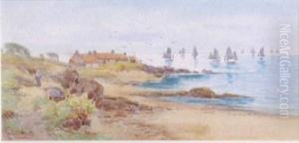 A Coastal Scene With Distant Fishing Boats Oil Painting by Charles L. Saunders