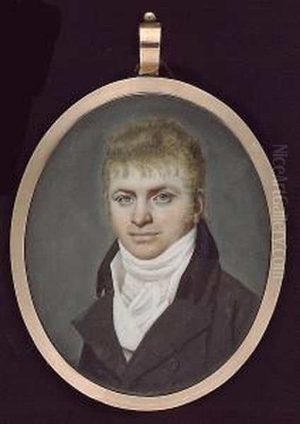 A Gentleman, Wearing Dark Grey Coat With Black Collar, White Waistcoat And Tied Cravat Oil Painting by Robert Saunders